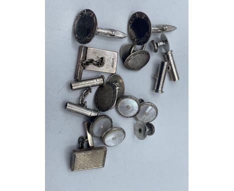 Four pairs of solid silver cufflinks and collar studs