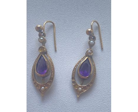 A pair of Victorian amethyst and pearl drop earrings 9ct 2.9 gms