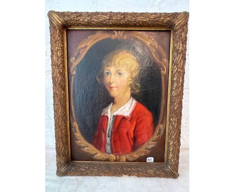 ENGLISH SCHOOL -  Portrait of the Rev Sir John Ashburnham – As a boy in red jacket  - 24 x 18 in. Inscribed on reverse