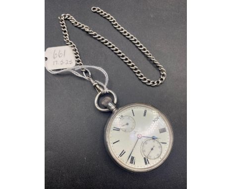 A gents silver pocket watch with dual dial on silver chain and watch key