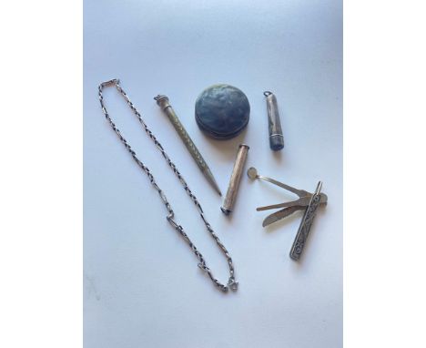 A silver pencil holder, a jar &amp; cover, Chain &amp; a plated pipe Tamper etc