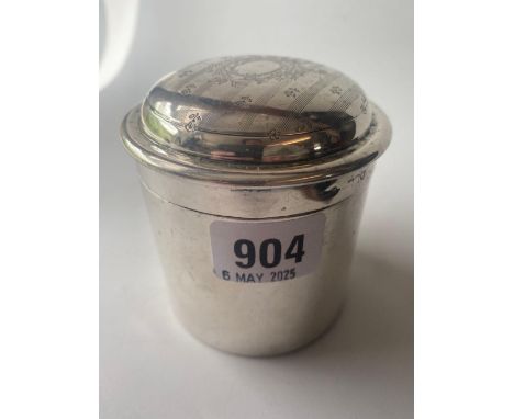 Edwardian cylindrical jar with pull off cover 3 in diam . London 1906 By W C. 175 gms