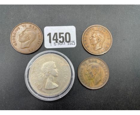 South African 1948/45/43 pennies &amp; 1957 silver five shillings