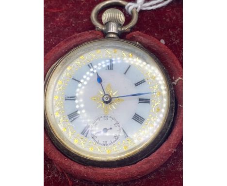 A ladies silver fob watch with seconds dial in fitted case