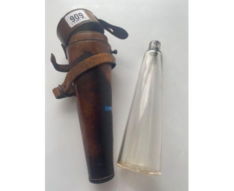Victorian silver mounted brandy flask with tapering glass body. London 1892 By T J 8.5 in long, leather case