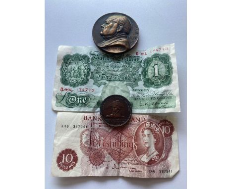 Churchill &amp; Nelson copper medals, a £1 note by O'Brian &amp; a Hallam Ten Shilling note