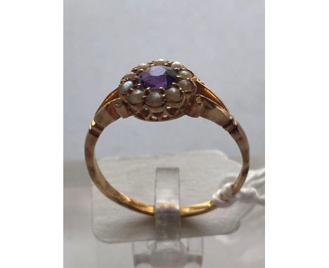 A Edwardian pearl and amethyst daisy cluster ring 18ct gold Chester size R 2.9  gms