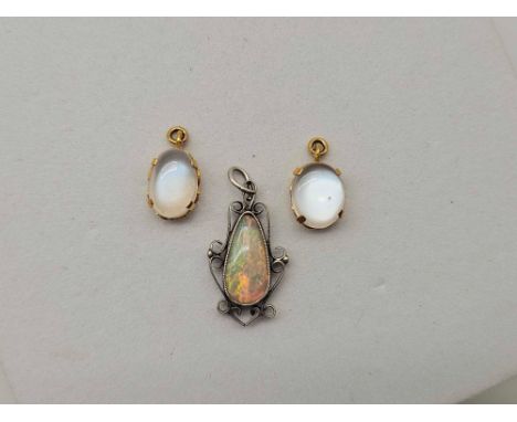 A pair of gold mounted moonstone pendants and a opal drop pendant