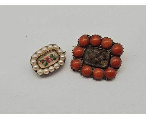 A coral and gold memorial brooch and pearl set memorial brooch