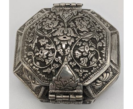 A Chinese export silver hexagonal salt, decorated with floral figural scenes and character marks, vacant cartouche, unmarked,