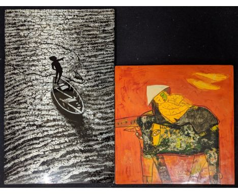 Nguyan Hai Nam (Vietnamese), a flutist on a cow, oil on board, signed 40cm x 40cm, together with another print on board
