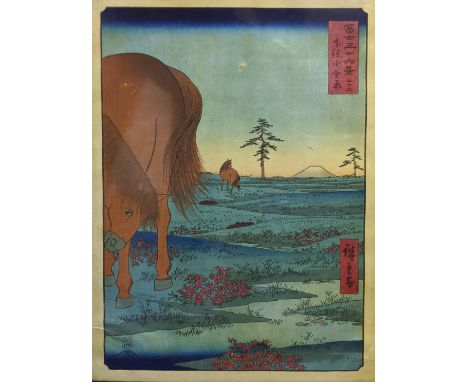 A 19th century Japanese woodblock print of horses, 34cm x 22cm