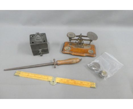 Mixed lot to include postage scales, pewter inkwell, early 20th century ruler etc., (a lot) 