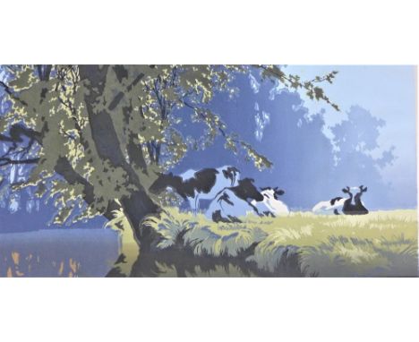 Oscar Droege  'Cows' Woodblock Print  In a mount but unframed, signed and entitled in pencil, 42 x 24cm 