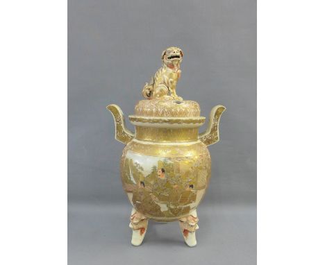 Large Japanese Satsuma vase with a pierced cover with a temple dog finial on three stile mask head feet, (lid restored) 46cm 