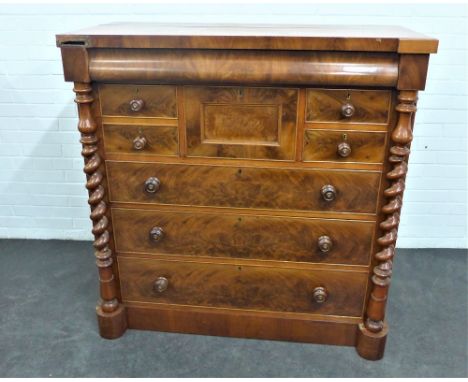 Victorian mahogany Scotch chest, with cushion fronted long drawer over two short and three graduating long drawers, flanked b
