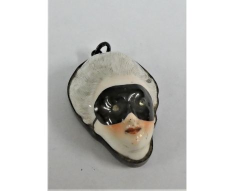 Meissen style porcelain and gilt white metal patch box, modelled in the form of a lady's head with black masquerade and jewel