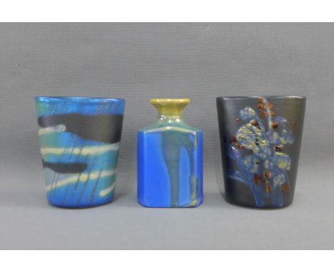 Margery Clinton (1931-2005), two small lustre glazed vases together with a flask shaped miniature vase, signed with monograms