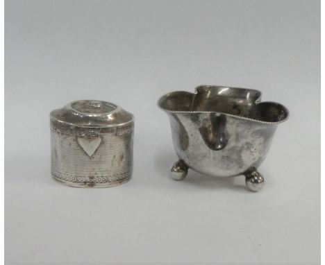 Miniature Continental silver tea caddy, 3.5cm high, together with a Victorian silver salt, London 1888 (2) 