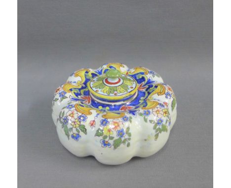 Mosanic pottery inkwell of squat lobbed form, complete with liner and cover, in three parts, 13cm diameter 