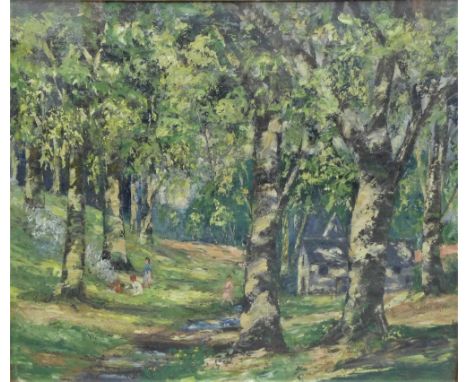 Dick Baillie  'Children playing in a Forrest' Oil-on-Canvas Board  Signed and dated 1940, in a glazed gilt frame, 75 x 62cm 