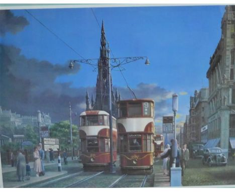 'Princes Street Trams' by Robert K Calvert, coloured print in a glazed frame, 42 x 32cm 