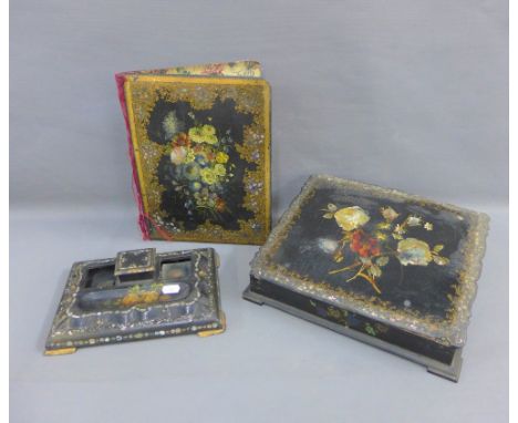 19th Century papier mache Abalone and inlaid gilt decorated desk set to include a writing slope, blotter and desk inkwell, (3