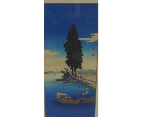 Japanese coloured woodblock print, signed with a red seal mark, in a glazed frame, 13.5cm x 29cm 