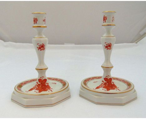 A pair of Herend Chinese bouquet orange Apponyi pattern table candlesticks in 18th century style, marks to the bases, 18.5cm 