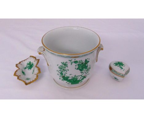 Herend Chinese bouquet green Apponyi pattern plant pot holder, a bonbon dish in the form of a leaf and a heart shaped covered