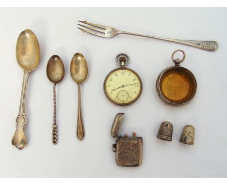 A quantity of hallmarked silver to include a Vesta case, three spoons, a pickle fork, two thimbles, a pocket watch and a pock