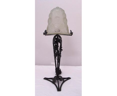 A Victorian style cast iron table lamp with frosted glass shade A/F, 60cm (h)