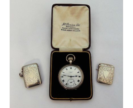 Two hallmarked silver vesta cases and a J.W. Benson hallmarked silver open face pocket watch with white enamel dial, Roman nu