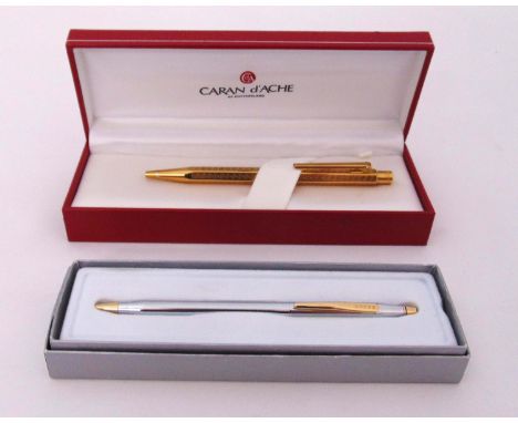 Caran d'Ache gold plated ballpoint pen in fitted case and a Cross white metal and gilt ballpoint pen in fitted case