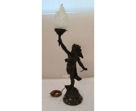 A spelter table lamp in the form of a Putti holding a flame with glass shade, 81cm (h)