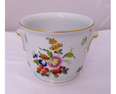 Herend jardinière of tapering cylindrical form with side handles decorated with flowers, berries and leaves, marks to the bas