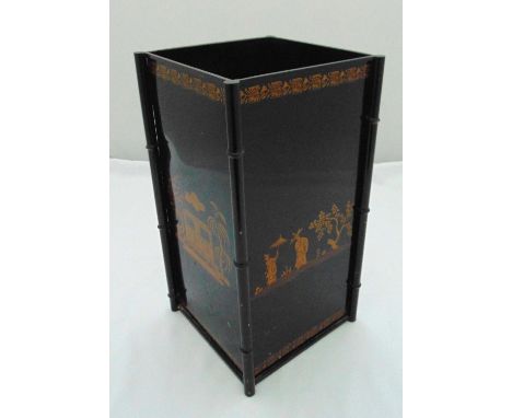 A black lacquered rectangular umbrella and stick stand in the Chinoiserie style with simulated bamboo supports, 46 x 24.5 x 2