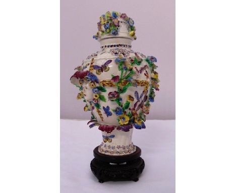 Dresden baluster form pot pourri holder and cover decorated with applied flowers and leaves and mask side handles, A/F, to in