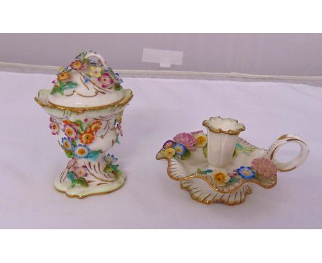 Colebrookdale by Coleport bocage chamber stick and covered vase, tallest 13.5cm (h)