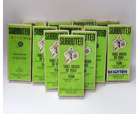 Twelve boxed Subbuteo table football teams, including; Brighton, West Ham, Manchester City, Ostende, Ajax, Fulham, etc.