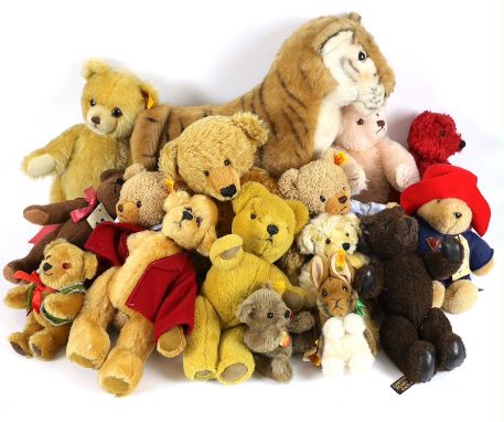 Two modern Collector's bears and a large Merrythought tiger, a Danbury Mint Steiff bear and two other modern Steiff bears (15
