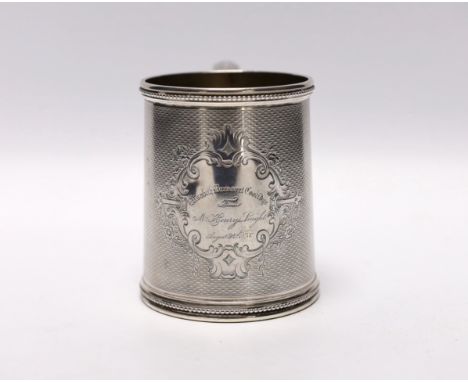 A mid 19th century Tiffany &amp; Co ( Grosjean &amp; Woodward) engine turned sterling mug, with engraved inscription, 97mm, 6