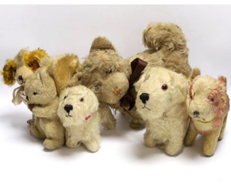 Four dogs, a squirrel, a cat, including Chad Valley with label and a Chiltern dog (6)