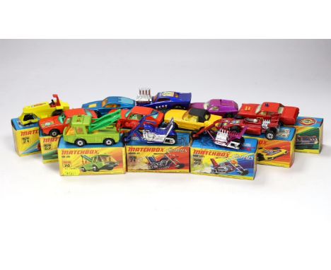 Twelve boxed Matchbox Superfast 1-75 New series diecast vehicles, Including: 5; Lotus Europa, 6; Mercedes 350SL, 21; Rod Roll