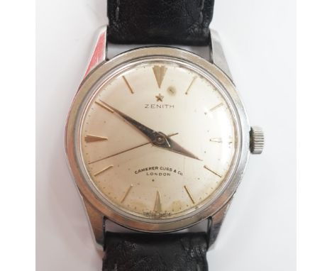 A gentleman's stainless steel Zenith manual wind wrist watch, retailed by Camerer Cuss &amp; Co, London, on associated leathe