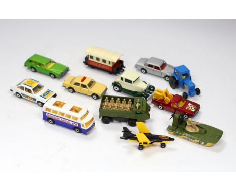 Twelve boxed Matchbox Superfast 1-75 New series diecast vehicles, Including: 2; S-2 Jet, 9; Ford R/S.2000, 30; Swamp Rat, 39;