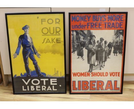 Two Liberal Party propaganda posters, 'Money buys more under free trade' and 'Women should vote  Liberal and For our sake vot