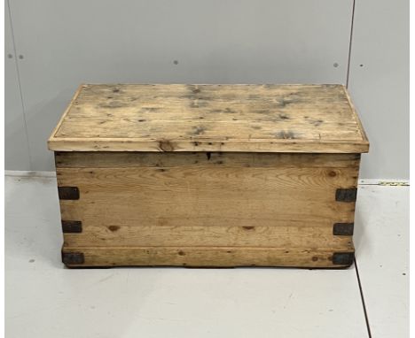 A Victorian rectangular pine trunk, width 90cm, depth 48cm, height 43cm