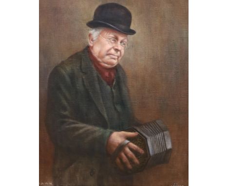 P.A. Bill, oil on canvas, Portrait of a gentleman playing a concertina, signed and inscribed ‘London’, 59 x 49cm
