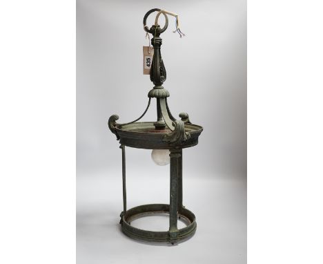 An early 20th century hanging hall lantern frame (glass missing), 57cm high